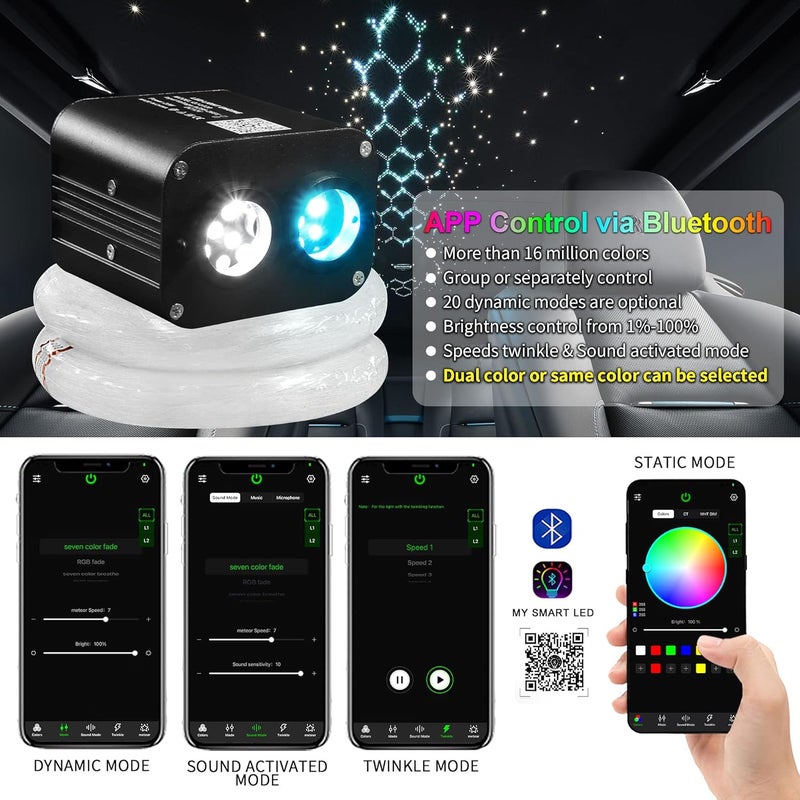ATOKEE Store Dual Color Twinkle 600pcs Starlight Headliner Kit, 0.03in 9.8ft 20W Fiber Optic Star Lights for Car Roof Use, Control by APP/Remote - Image 3
